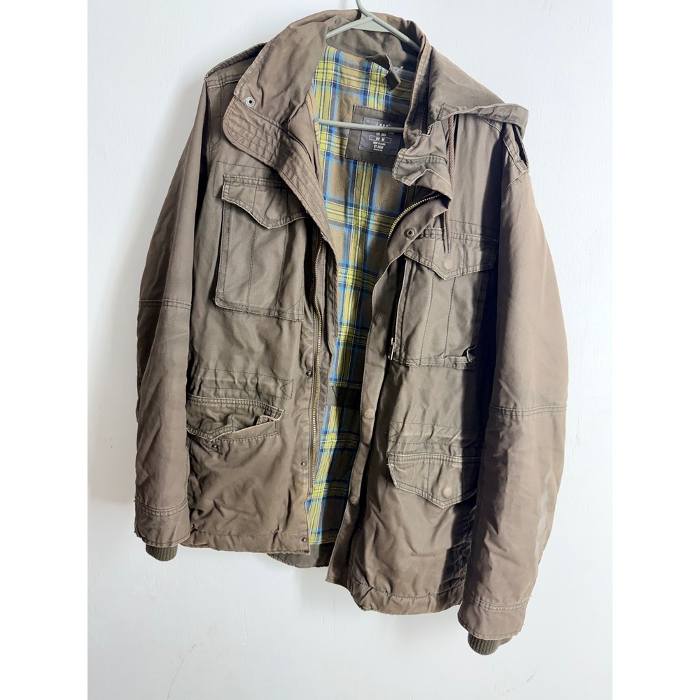 L.O.G.G. H&M Mens Field Jacket Olive Brown Plaid Lined Hooded Military Parka M